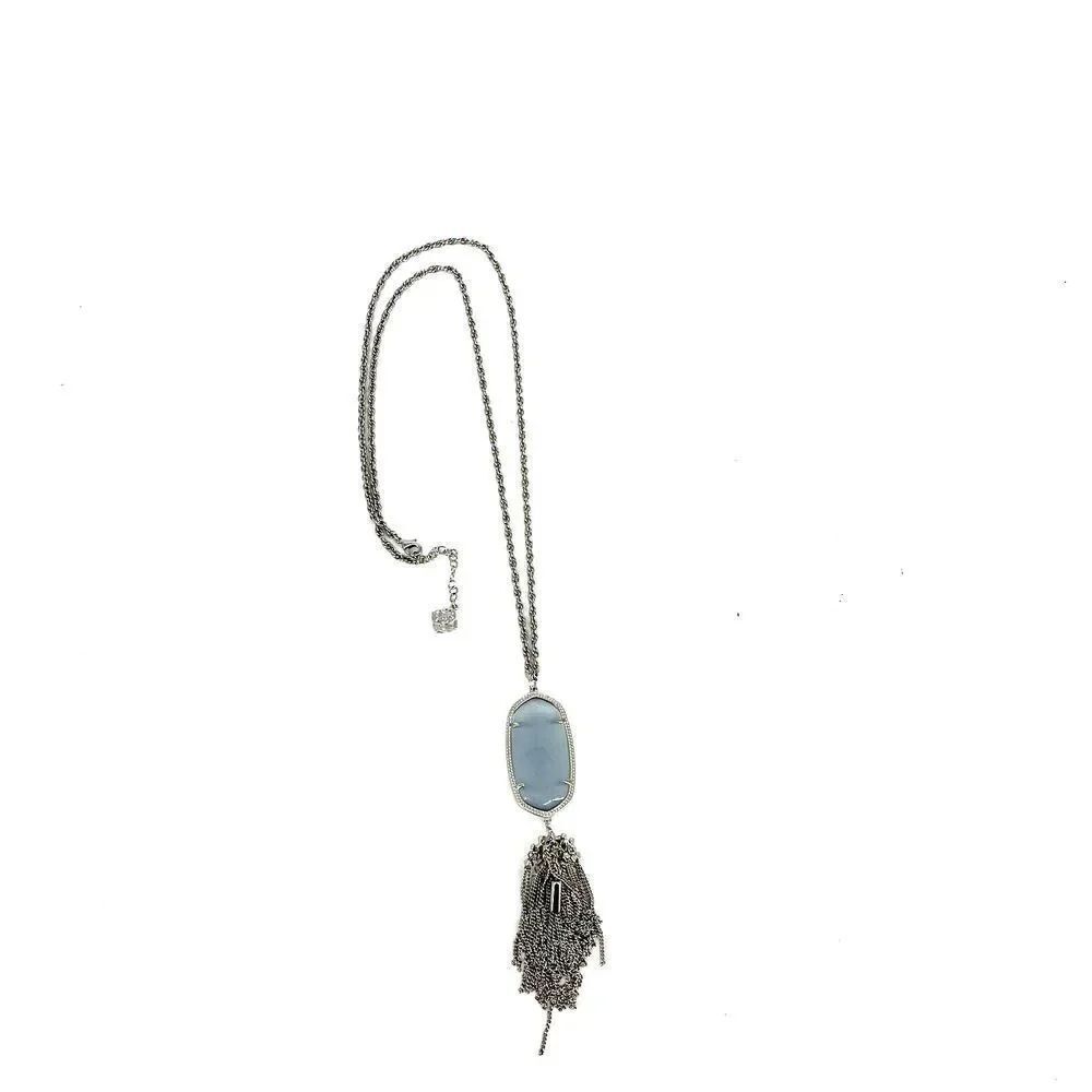 Kendra Scott Necklace Rayne Long Pendant Dichroic Glass Stone Silver Tassel